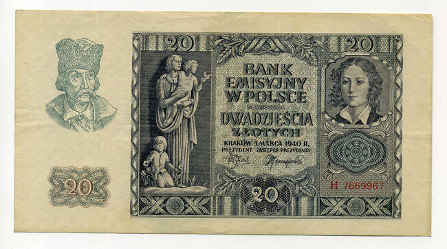 Stary banknot 20 zł. z 1940 r.