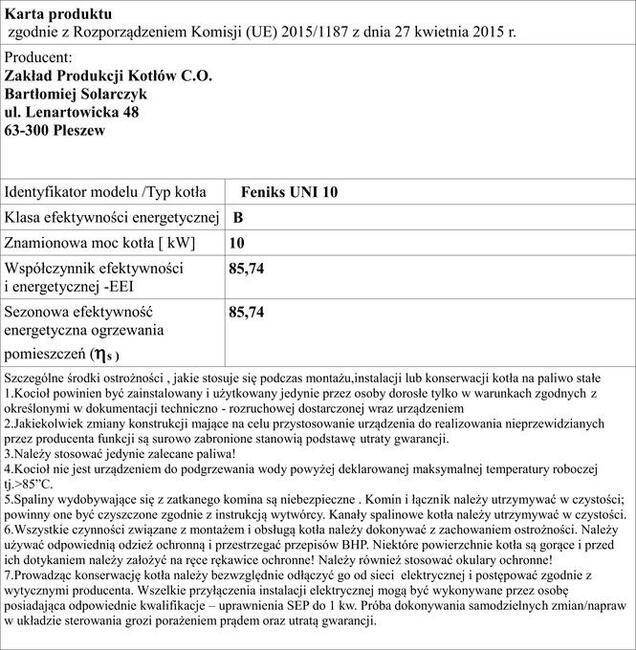 Kocioł Feniks Pleszew na węgiel drewno zasypowy 13KW 5klasa