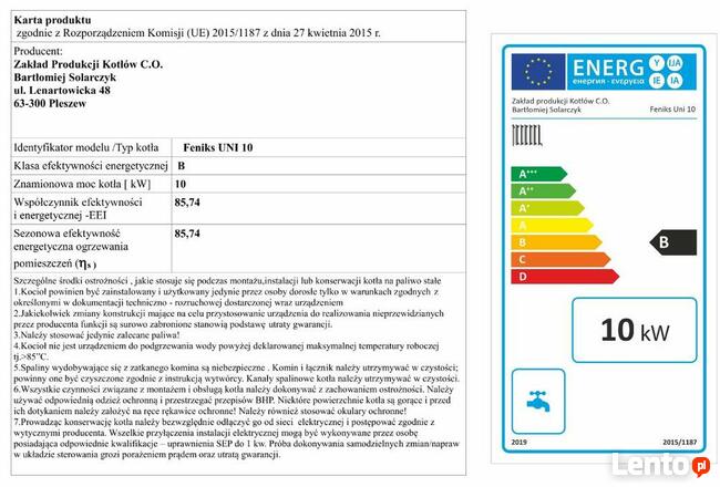 Kocioł Feniks Uni Pleszew na węgiel drewno zasypowy 10KW 5kl