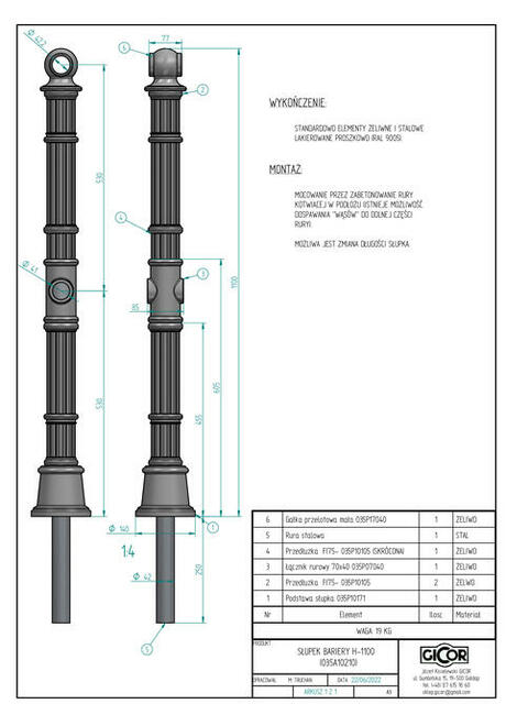 SŁUPEK ŻELIWNY BARIERY H-860mm OGRODZENIE ULICZNY PRODUCENT