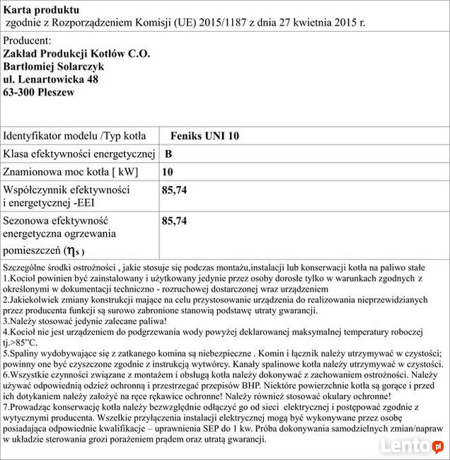 Kocioł Feniks Uni Pleszew na węgiel drewno zasypowy 10KW 5kl