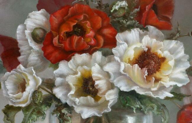 Maki -kwiaty w wazonie, obraz olejny, L. Olbrycht