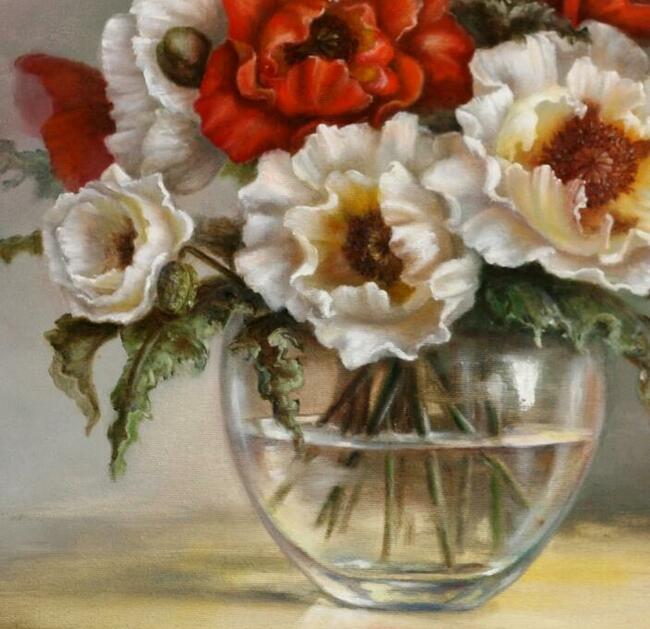 Maki -kwiaty w wazonie, obraz olejny, L. Olbrycht