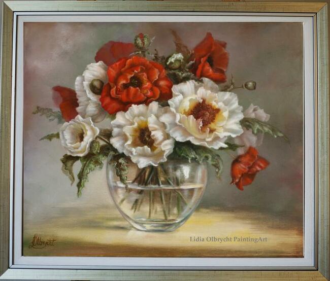 Maki -kwiaty w wazonie, obraz olejny, L. Olbrycht
