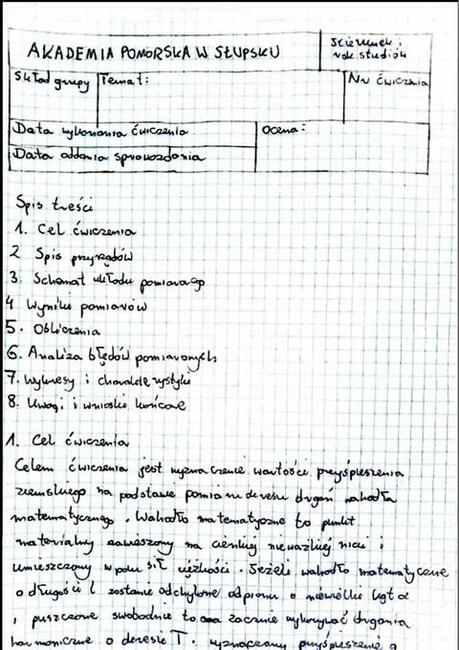 Wyznaczenie wartości przyspieszenia ziemskiego