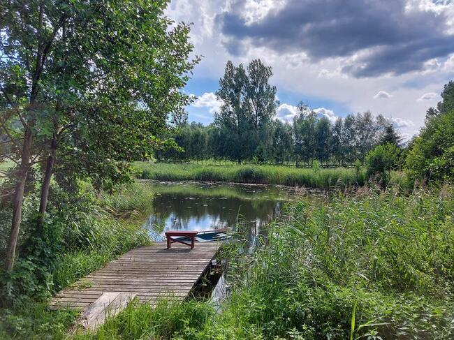Domek nad jeziorem własna linia brzegowa pomost rower wodny.