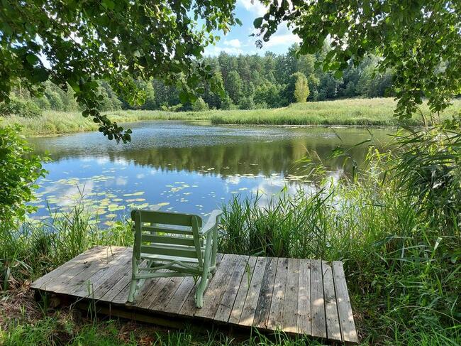 Domek nad jeziorem własna linia brzegowa pomost rower wodny.