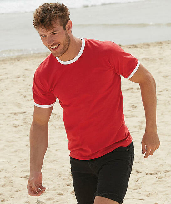 Koszulka, T-shirt RINGER biały/niebieski FRUIT of the LOOM