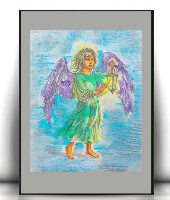 vintage plakat z aniołkiem, obrzek z aniołem stróżem