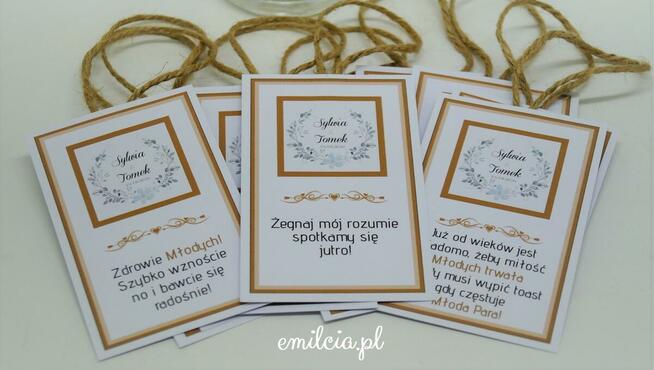 Zawieszki na butelki wykonane na zamówienie z okazji Ślubu