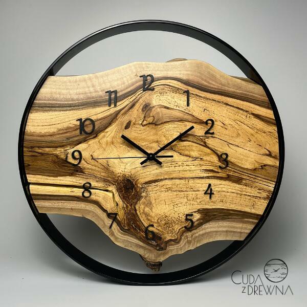 Drewniany zegar + biała obręcz 50 cm, nowoczesny, loft