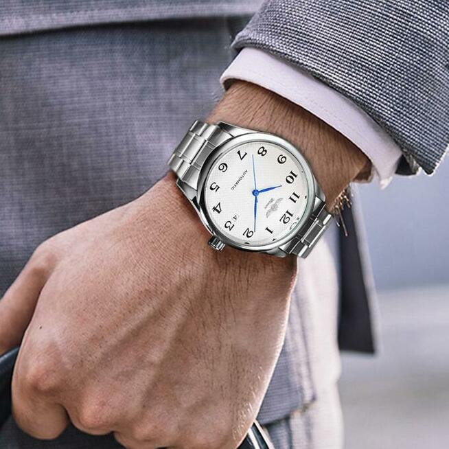 Klasyczny zegarek automatyczny stalowa bransoleta datownik