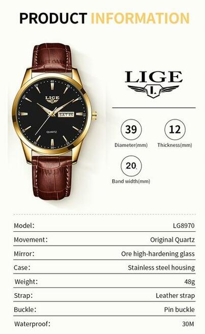 Klasyczny Zegarek męski Lige złoty garniturowiec czarny box