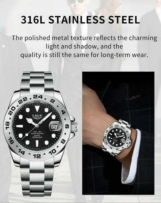 Sportowy zegarek męski Lige datownik z lupą bransoleta stal