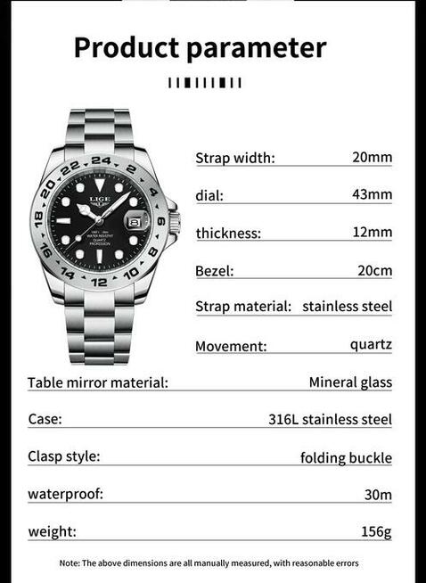 Sportowy zegarek męski Lige datownik z lupą bransoleta stal