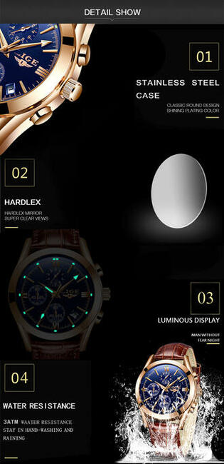 Klasyczny zegarek męski Lige złoty chronograf datownik 40mm