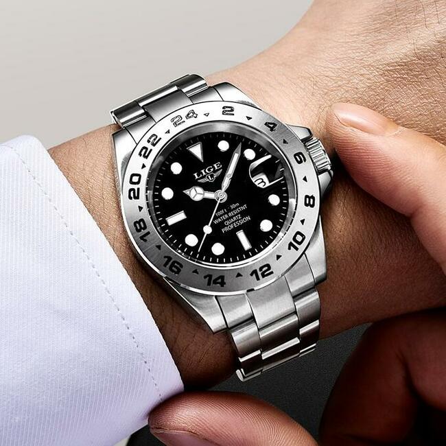 Sportowy zegarek męski Lige datownik z lupą bransoleta stal