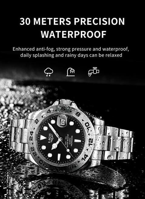 Sportowy zegarek męski Lige datownik z lupą bransoleta stal