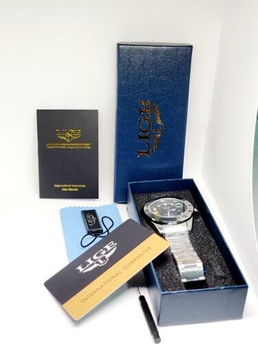 Sportowy zegarek męski Lige datownik z lupą bransoleta stal