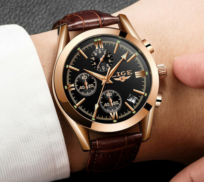 Klasyczny zegarek męski Lige złoty chronograf datownik 40mm