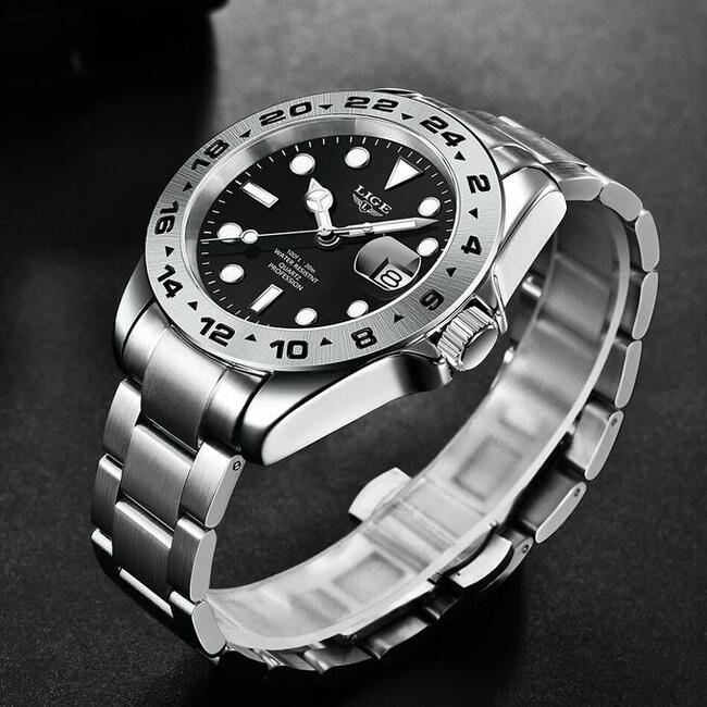 Sportowy zegarek męski Lige datownik z lupą bransoleta stal