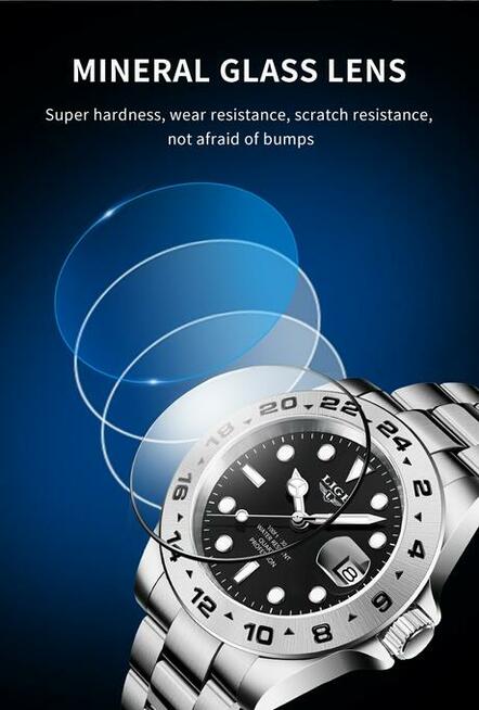 Sportowy zegarek męski Lige datownik z lupą bransoleta stal