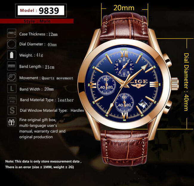 Klasyczny zegarek męski Lige złoty chronograf datownik 40mm