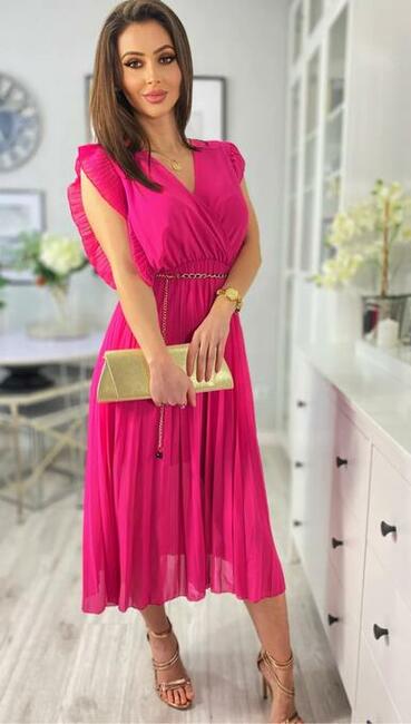 Sukienka plisowana na wesele midi falbanki fuksja ULTIME