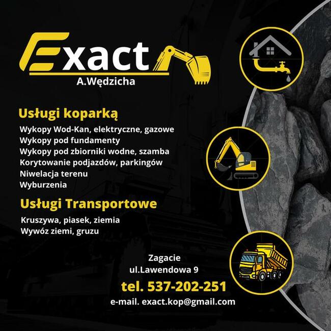 Prace ziemne, koparka. transport. korytowanie, niwelacja