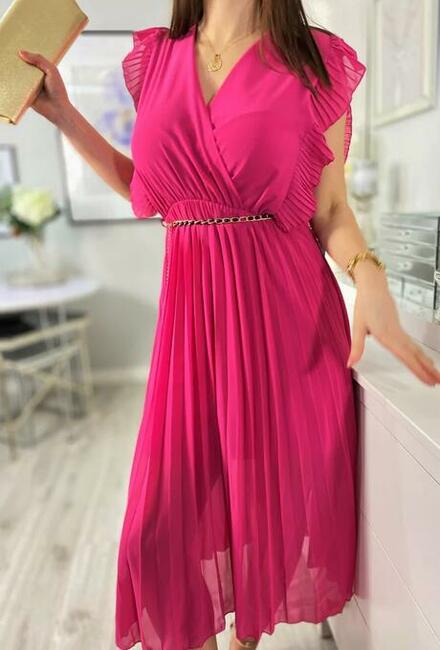 Sukienka plisowana na wesele midi falbanki fuksja ULTIME