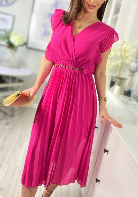 Sukienka plisowana na wesele midi falbanki fuksja ULTIME
