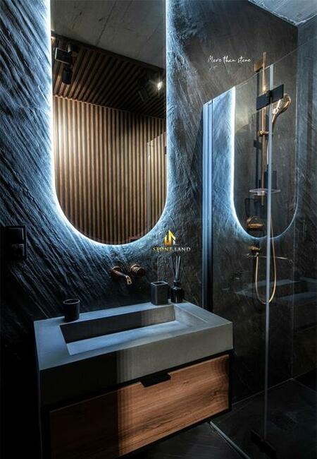 Fornir kamienny Ocean Black – wykończenie salonu / STONELAND