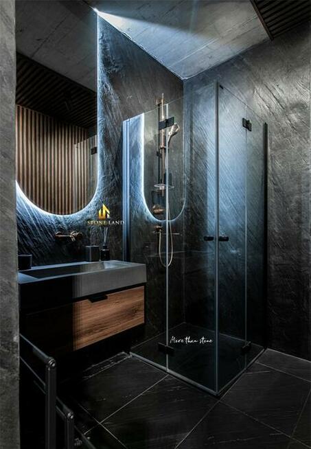 Fornir kamienny Ocean Black – wykończenie salonu / STONELAND