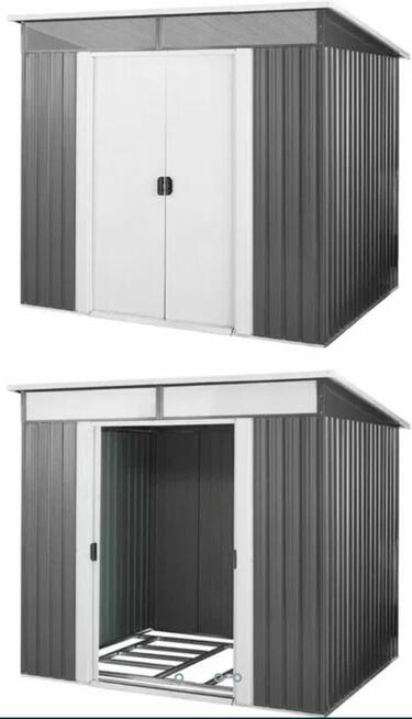 Domek na narzędzia ogrodnicze, kosiarka, kosze na śmieci