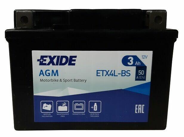 Akumulator motocyklowy EXIDE ETX4L-BS YTX4L-BS 12V 3Ah 50A