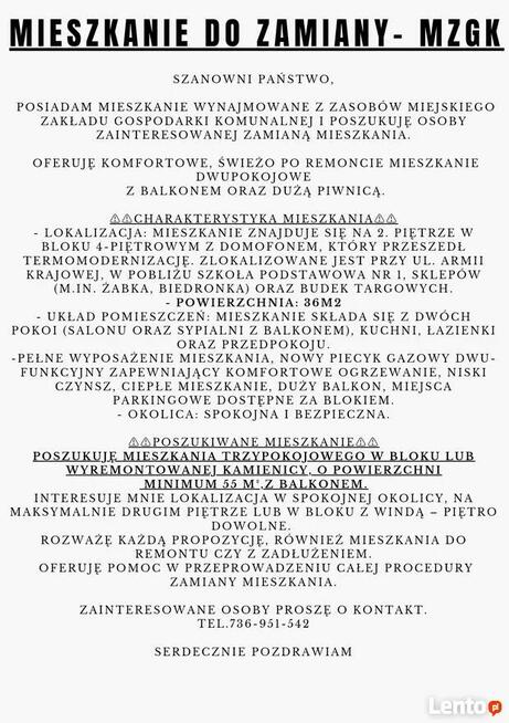 MZGK - ZAMIENIE MIESZKANIE 2 POKOJOWE NA 3 POKOJOWE