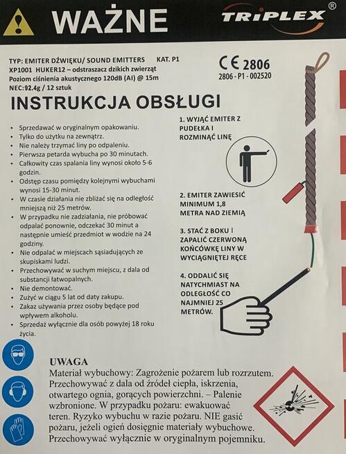 ODSTRASZACZ DZIKICH ZWIERZĄT - HUKER 12 petard x 6 kompletów