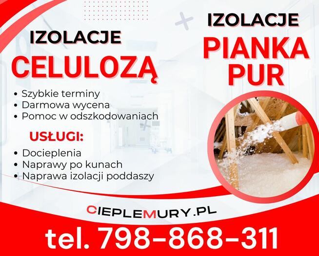 Ocieplenia poddaszy celulozą-PUR, naprawa izolacji po kunach