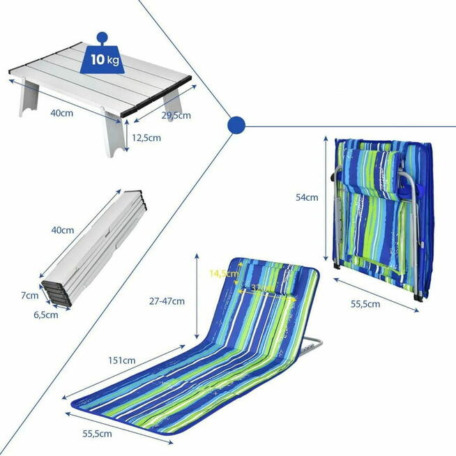 Nowy zestaw - leżak plażowy 2 szt ze stołem