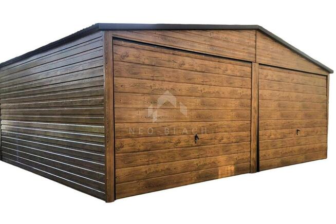 Garaż Blaszany 6x6m - 2x Brama Uchylna - drewnopodobny NB98