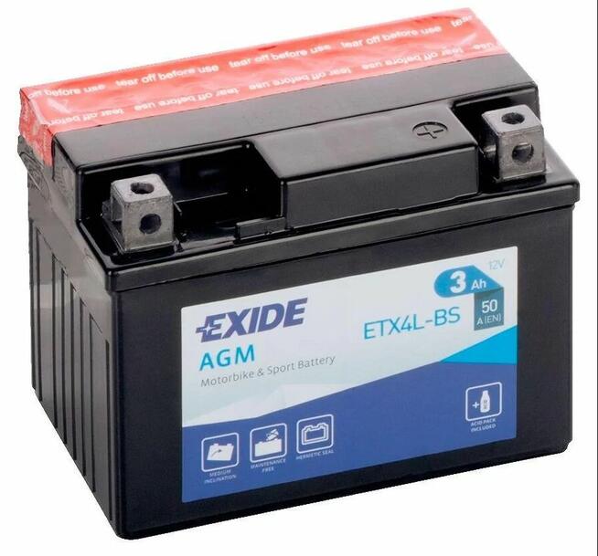 Akumulator motocyklowy EXIDE ETX4L-BS YTX4L-BS 12V 3Ah 50A P