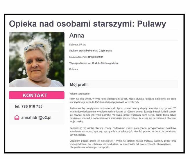 Szukam pracy: opiekunka seniora, opieka nad osobami starszymi