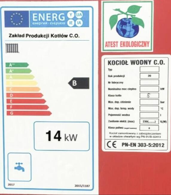 Piec kocioł na drewno węgiel 14 kW do 120 m2 PLESZEW