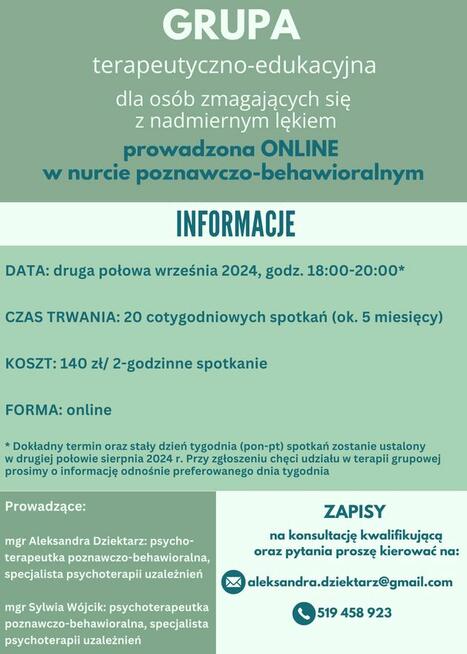 Grupa terapeutyczna ONLINE dla osób z nadmiernym lękiem