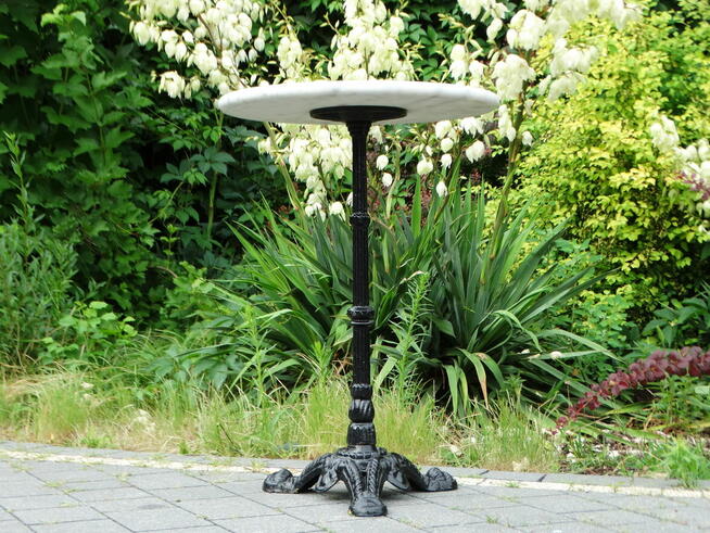 STYLOWY KAWOWY STOLIK OKRĄGŁY MARMUROWY NA ŻELIWNEJ NODZE