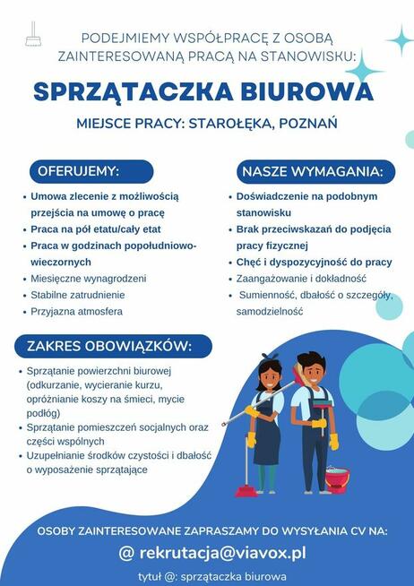 Zatrudnimy osobę do sprzątania pomieszczeń biurowych