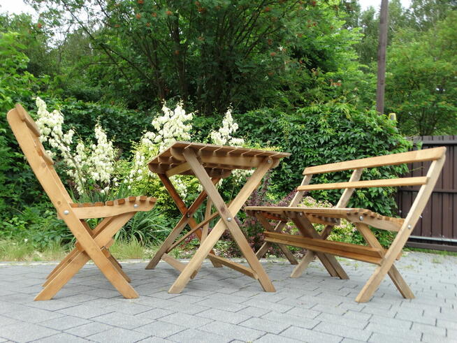 Składany zestaw ogrodowy stolik, ławka i 2 krzesła
