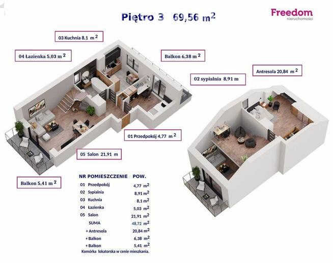 mieszkanie 3-pokojowe z antresolą