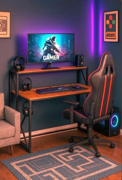 Biurko gamingowe dwa poziomy z blatami wzory boków