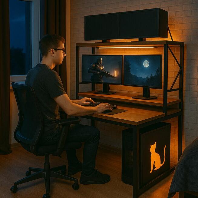 Biurko gamingowe dwa poziomy z blatami wzory boków